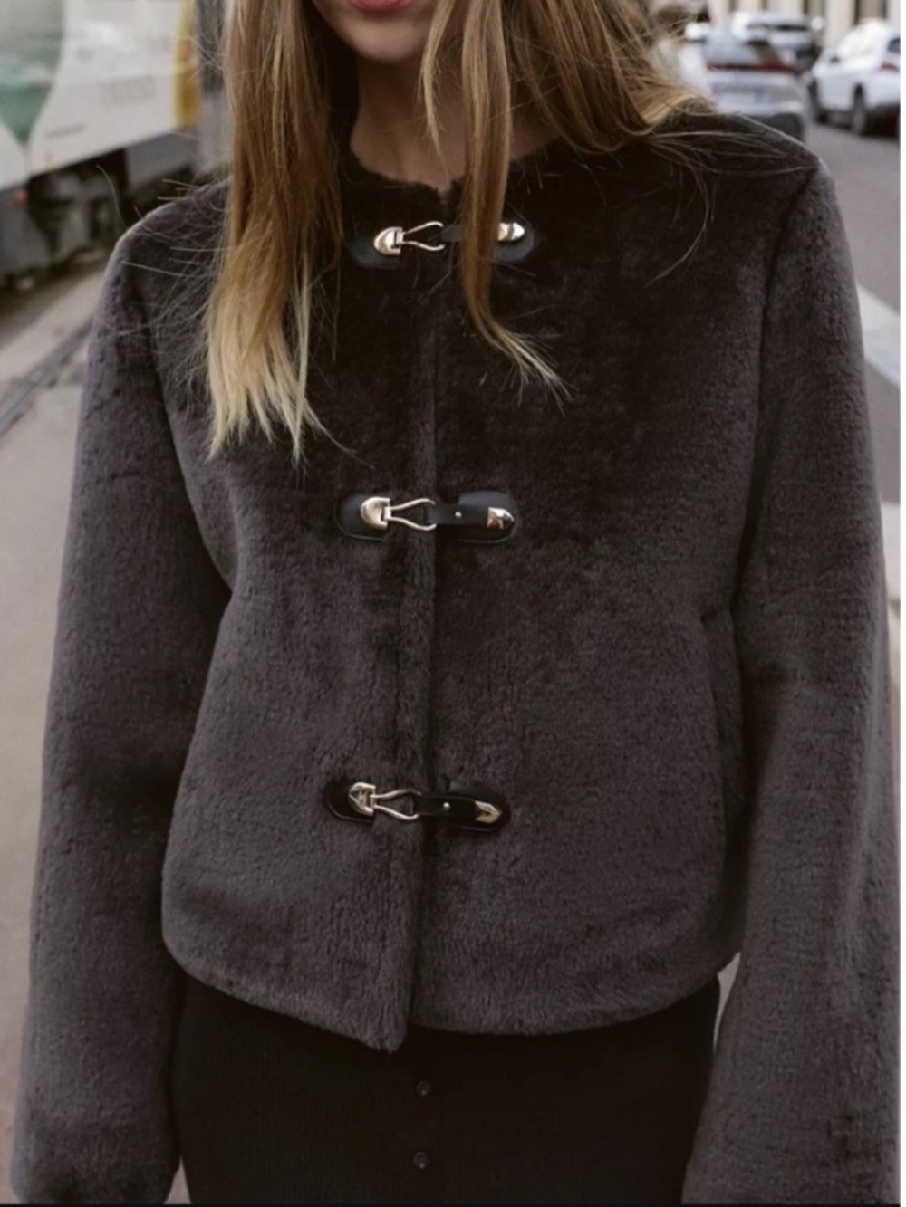 ZARA Dark Gray Faux Fur Collarless Jacket NWT